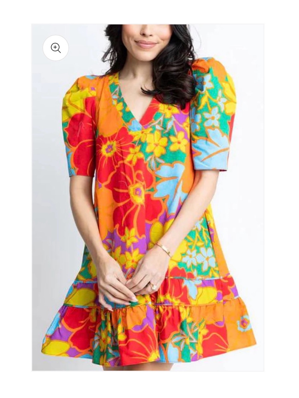 Karlie Vibrant Floral V-Neck Puff Sleeve Mini Dress - Orange Multi